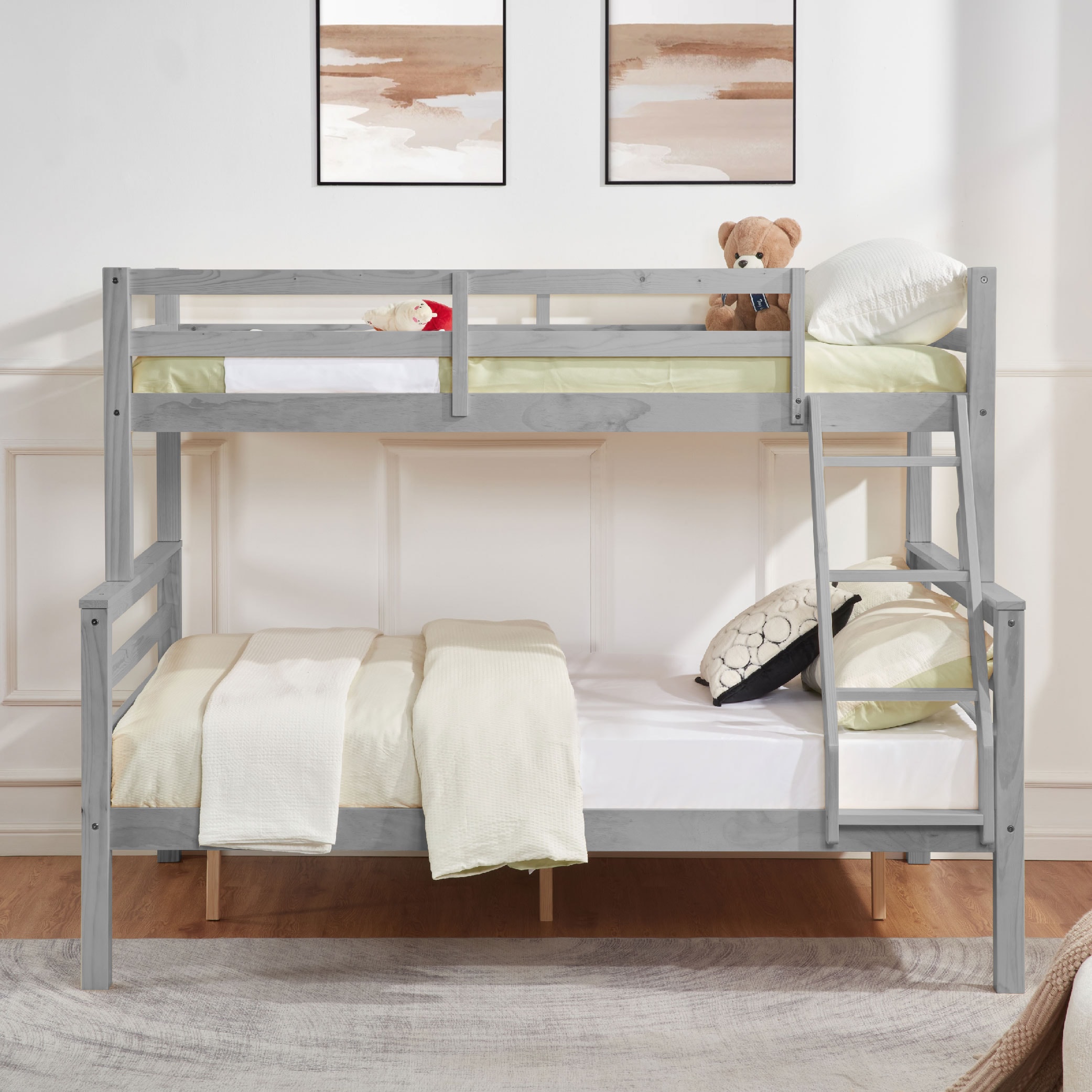 Twin over Full Bunk Bed with Thick Posts,Wooden Bunk Bed with High Guardrail and Ladder for Kids, Teens, Dorm Rooms, and Guest Rooms,No Box Spring Needed,Grey Twin over Full Bunk Bed with Thick Posts,Wooden Bunk Bed with High Guardrail and Ladder for Kids, Teens, Dorm Rooms, and Guest Rooms,No Box Spring Needed,Grey